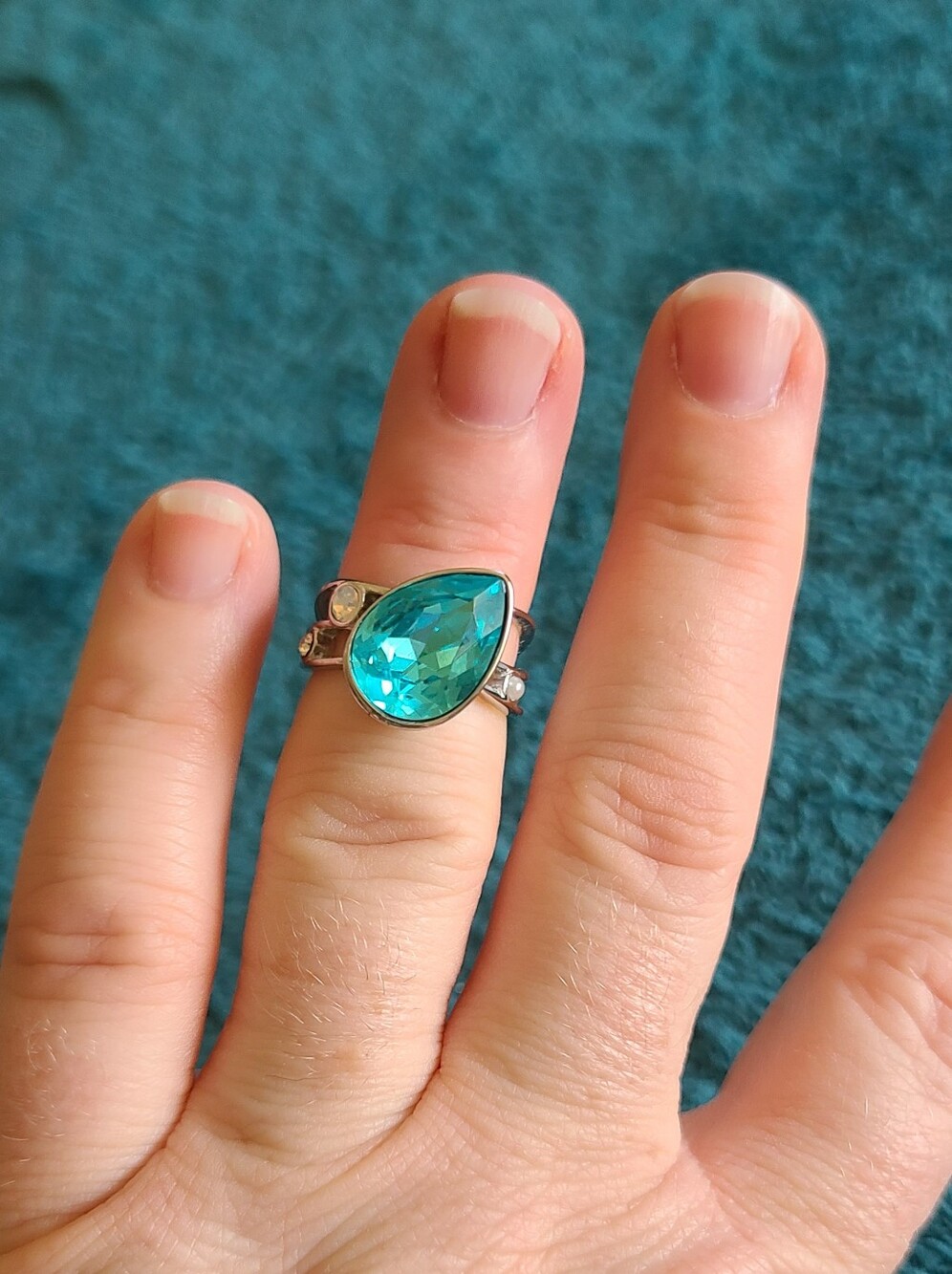 Teardrop Blue Topaz And Crystal Silver Ring